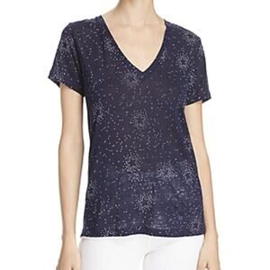 Rails Cara Navy Star Print Linen Blend V Neck Tee Womens Lg